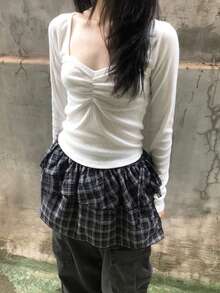 柔软甜美奶油色圆领褶裥长袖T恤，韩版 - 白色 - 查看 8