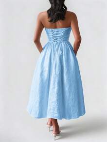 Look Polly 女士夏季连衣裙，纯色提花长款连衣裙，无肩带设计，适合婚礼、春夏穿着、返校季、派对、露肩舞会、优雅印花长款连衣裙、情人节、嘉年华蓝色连衣裙 - 藍色 - 查看 3