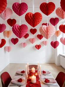 8pcs/4pcs Valentine's Day Heart Shaped Paper Honeycomb Balls, Red & Pink Heart Decor, Pink Paper Heart Honeycomb, Heart Ornaments, Romantic Wedding Decor, Valentine's Day, Anniversary Party Decor, Birthday Party Decor - Multicolor - View 3