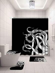 Elegant Octopus Design Bathroom Set: Includes 12 Free Hooks, Shower Curtain, Bath Mat And Toilet Seat Cover - Ideal For Walk-In Shower - Multicolor - View 21