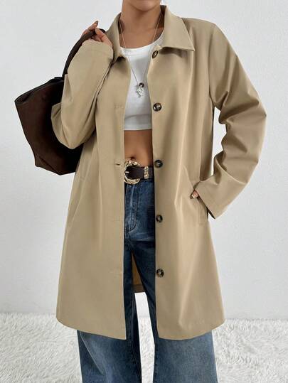 Women's Mid-Length Solid Color Trench Coat, Long Sleeve Jacket - Fashionable Beige Trench Coat | Lapel + Single-Breasted, Easily Showcase Elegant Elegant Spring