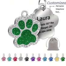 Personalized Engraved Pet Name Tag - High-Quality Glitter Paw Shape Cat Dog Collar ID Tag, Customized Pet ID Tag With Glitter Paw Design