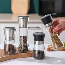 1个不锈钢玻璃胡椒研磨器 - 手动香料研磨器，盐和胡椒研磨器，可重复灌装玻璃瓶，适用于烧烤、野餐、露营、厨房工具