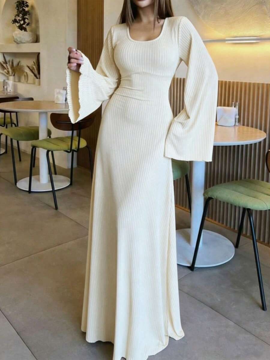 SuofeiMan Đầm dài tay xòe cổ vuông cho nữ, đầm dài thanh lịch cho nữ, đầm dự tiệc cho nữ, đầm dự tiệc mùa xuân/hè, đầm dài ôm eo, chất liệu thoải mái. - Màu be - Xem 1