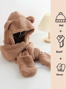 3pcs/Set Warm Hat With Cute Bear Ear Design, Plush Earflap Beanie - Camel - View 4