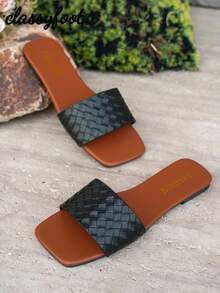 1 Pair Women's Woven Texture PU Leather Non-Slip Flat Toe Loop Slide Sandals, Casual/Holiday Wear, Summer - Black - View 5