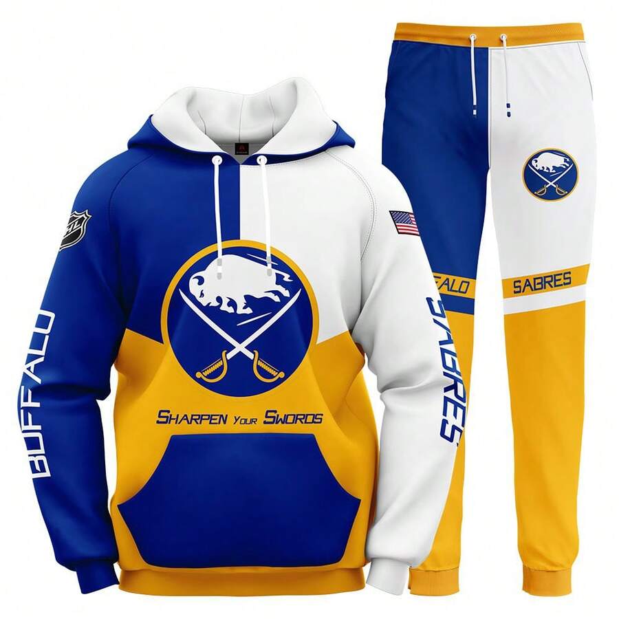 Buffalo-Sabres Men'S Stylish 3D Lion Print 2pcs Athletic Wear Set - Long Sleeve Hoodie & Joggers, Casual Outdoor & Gym Wear For Spring/Fall, Football Team Pattern Design, Comfortable & Breathable Fabric, Perfect For Comfortable Fit - 彩色 - 查看 1