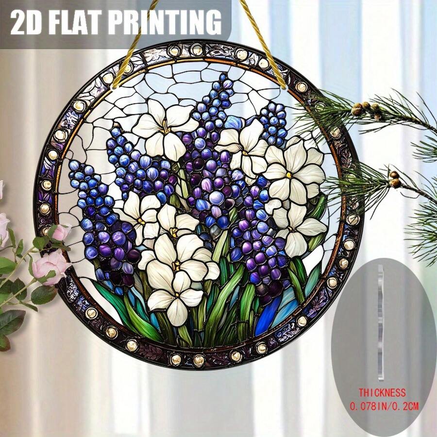 2D Flat 1 Piece - Lilac And White Floral Acrylic Window Hanging Decoration - Elegant Round Home Decor, Suitable For Birthdays, Weddings, Housewarming - Lightweight And Easy To Hang, No Power Required, Imitation Stained Glass Effect, Handmade Style, Wall Decoration, Wedding Ornament - 彩色 - 查看 1