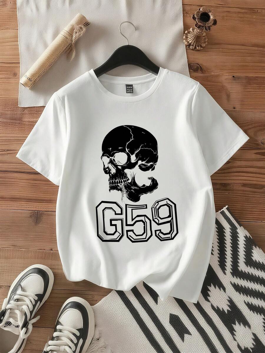 Women's T-Shirts Skull With Goggles And G59 Text 100%, Breathable-4 - White 5 - View 1