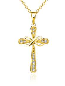 1PC, Eternal And Infinite Love 8-Character Diamond-Encrusted Cross Necklace, Golden Necklace, Girl's Collarbone Chain Accessory - Multicolor - View 14