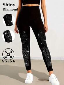 Leggings neri eleganti e casual da donna con decorazioni in strass luccicanti, pantaloni skinny elasticizzati, moda europea e americana, adatti per uso quotidiano, fitness, corsa, attività all'aperto, casa, comodi 7/8 lunghezza - nero - Visualizzare 1