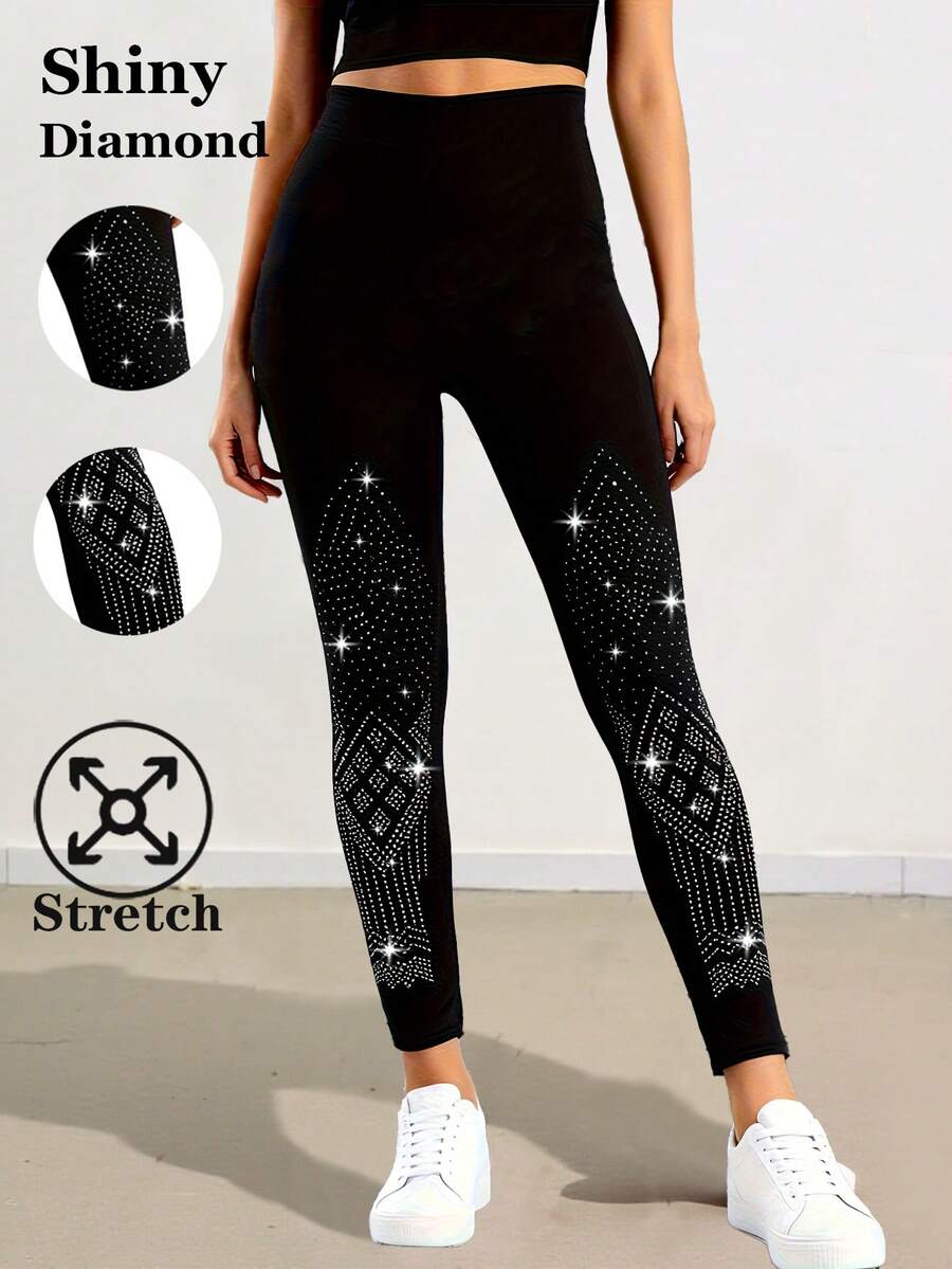 Leggings neri eleganti e casual da donna con decorazioni in strass luccicanti, pantaloni skinny elasticizzati, moda europea e americana, adatti per uso quotidiano, fitness, corsa, attività all'aperto, casa, comodi 7/8 lunghezza - nero - Visualizzare 1