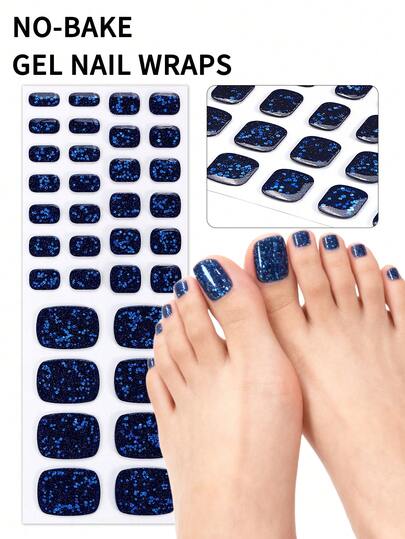 1pc UV-Free Gel ToeNail Wraps - Spring/Summer Collection: 34pcs Deep Sea Blue Glitter Gel Toe Nail Strips - No UV Damage, Protects Natural Nails - Easy Application, Ideal For Women's Daily Dates, Leisure, Home DIY Nail Stickers