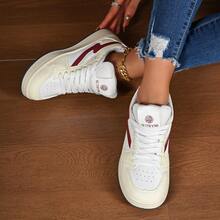 复古透气休闲女鞋，2025春夏新款经典白色平底鞋，舒适系带运动鞋 - 米色 - 查看 5