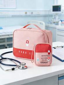 1pc Cartoon Pill Pattern Letter Printed Family Medicine Bag, Waterproof And Wear-Resistant, Portable Mini First Aid Kit Suitable For Camping, Hiking, Home, Outdoor, School, Backpacking, Trekking, Fishing, Hunting, Boating And More - Multicolor - View 3