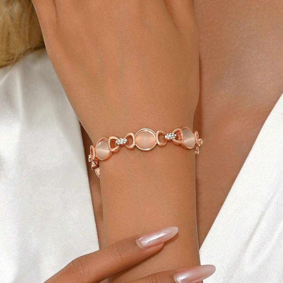 Pulsera simple de piedra ojo de gato chapada en oro real, joyería de lujo ligera retro francesa de alta gama al por mayor para mujeres - Ojo de gato blanco y oro rosa - Ver 1