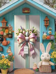 2D 复活节门环装饰挂饰（1 件装） - 涤纶材质，饰有复活节彩蛋和花卉图案，多用途季节性悬挂挂饰，适用于前门、门廊、房间装饰，无需用电，尺寸：35x72 英寸