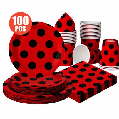 红黑波点一次性餐盘、餐巾纸、纸杯 - 一次性派对用品套装，适合25位客人，一次性纸盘，派对餐具，适用于生日、婚礼、野餐等场合。