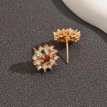 Pendientes de diseño de nicho de dopamina de la vida, pendientes de flores geométricas, pendientes de girasol con incrustaciones de diamantes completos y gemas multicolores - Rubí plateado - Ver 4