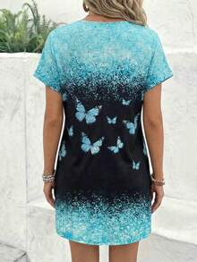 Vestido de mujer talla grande con cuello en V y manga corta con estampado brillante de mariposa - Vestido de verano casual y elegante para vacaciones - Azul claro - Ver 2