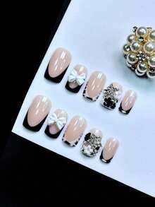 Y2K 24Pcs Set French Style Black & White Tie Dye Polka Dot Press-On Nails, Reusable, With Bowknot, Star Rhinestones, Cute & Chic, Suitable For Dates, Spring, New Year, Christmas, Daily, Birthday, Festival, Spring/Summer New Arrival Nail Supplies Nails - 黑與白 - 查看 2