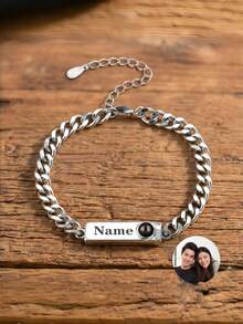 2pcs Customized Couple Projection Bracelet | Customized Simple Chain Couple Photo Bracelet | Customized Metal Chain Bracelet Set With Personalized Text | Anniversary Bracelet For Couples | Customized Bracelet With Photo Of Loved Ones, Couple Or Specific Scenery | Simple Charm Couple Bracelet Set | Minimalist Elegant Bangle | Customized Jewelry Gift For Children | New Year Photo Customized Memorial Gift | Personalized Valentine's Day Gift | Personalized Gift With Photo, Text, Name | Pet Memorial Customized Gift - Customized Couple Bracelets - View 7
