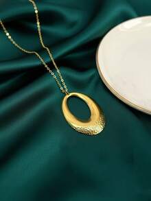 1 件 18K 镀金不锈钢椭圆形纹理吊坠长项链，适合女士，时尚简约百搭，适合日常佩戴、街头风格、派对、节日礼物