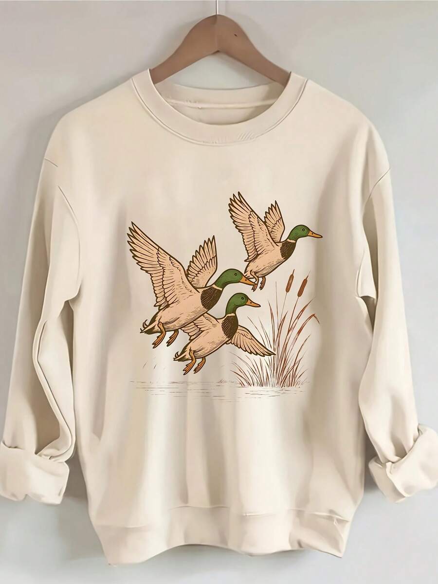 Sweat Shirt Women's Soft Plaid Duck Printing Hoodie - Plaid Round Neck Pullover, Flying Duck And Green Grass Design, Casual Long Sleeves All Year Round, Loose H-Shaped Version, Suitable For Daily Wear () Loose And Comfortable Valentine's Day - 杏色 - 查看 1
