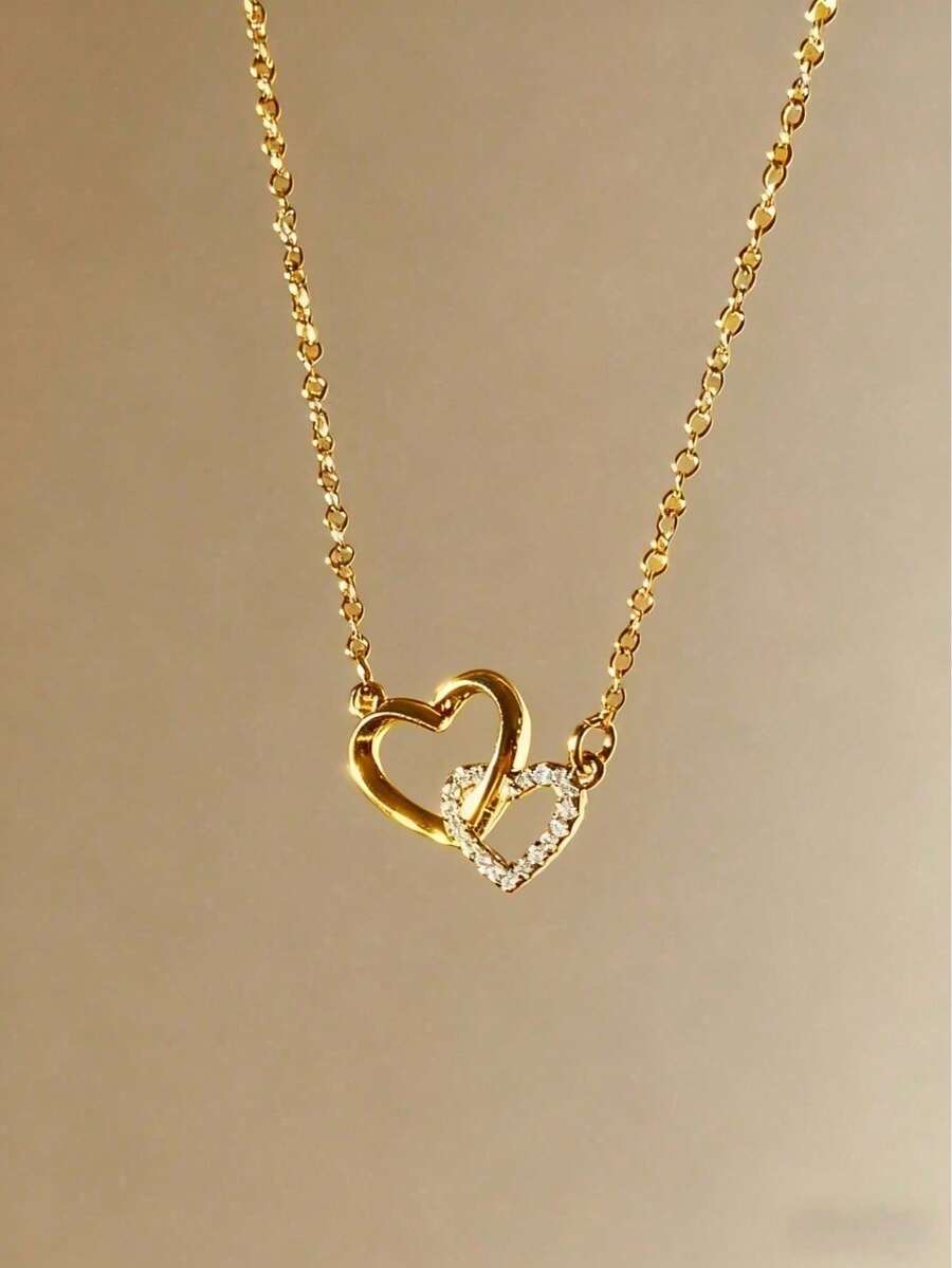 1pc Fashionable Minimalist Women's Interlocking Heart Pendant Necklace, Suitable For Daily Wear, Couples, Best Friends, Valentine's Day Gift - Yellow Gold - View 1