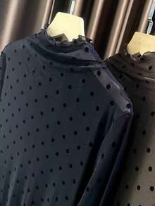 2025秋冬新款女式薄纱波点叠穿荷叶边高领网纱上衣休闲黑色春季款 - 黑色 - 查看 3