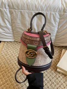 2026 New Printed Bucket Bag, Unique Design Half-Round Handbag, Women's Fashion Color Block Shoulder Bag, Classic Lightweight Luxury Crossbody Bag - 玫紅色 - 查看 12