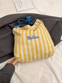 1pc Multi-Color Customized Embroidery Patchwork Striped Shoulder Bag, Fashion Tote Bag With Ruffle Strap, Personalized Bag For Shopping, Commuting, Daily Use, Travel Or Leisure Outing - Multicolor - View 5