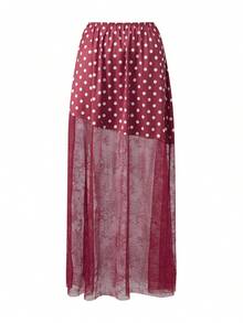 Women Satin Lace Trim Midi Skirt Polka Dot Print High Waist Long A-Line Skirts Vintage Silk Going Out Dress Y2k Streetwear Party Clubwear - 蕾絲拼接紅色 - 查看 6