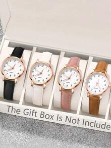 3 relojes de cuarzo para mujer, diseño de esfera redonda clásica con correas de cuero negro, blanco y rosa, marcas numéricas claras, cómodos y amigables con la piel, adecuados para el uso diario y ocasiones profesionales - Multicolor - Ver 7