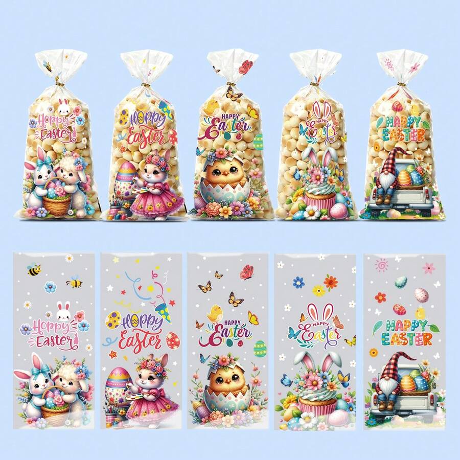 50/100pcs Easter 2026 New OPP Self-Adhesive Bags, Rabbit & Egg Cartoon Gift Packaging Bags - Multicolor - View 1