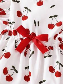 2pcs Baby Girl White Cherry Print Sleeveless Bodysuit & Hat Set, Spring/Summer - White - View 8