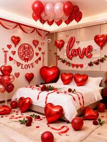 kumozawa 18个心形和“LOVE”字样铝箔气球，求婚主题套装，适用于情人节、母亲节、婚礼装饰，红色，浪漫心形爱心气球，适用于情人节、求婚、婚礼场地装饰 - 紅色 - 查看 3
