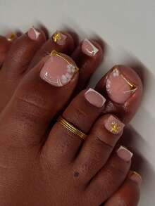 24PCS Short Square Toenail Fake Nail Golden French White Flower DIY Golden Steel Ball Golden Starfish Simple Nail Art Cute Chrome Alloy Acrylic Press On The Nail Gel Nail Art Nail Supplies Nail Art Nail Set (Attached: A Piece Of Jelly Glue And File) Suitable For Women's Daily Dating Party Nails - Multicolor - View 1