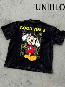 Disney UNIHLO  Mickey   Printed Summer Heavyweight Retro Washed Street Fashion Casual T-Shirt - Black - View 3