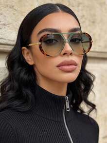 1 par de gafas de moda con doble puente en estilo retro, gafas versátiles de colores contrastantes para mujer, adecuadas para uso diario, fotografía callejera, vacaciones, viajes, playa de verano, actividades al aire libre, accesorios de viaje y playa - Marco con estampado de leopardo verde - Ver 1