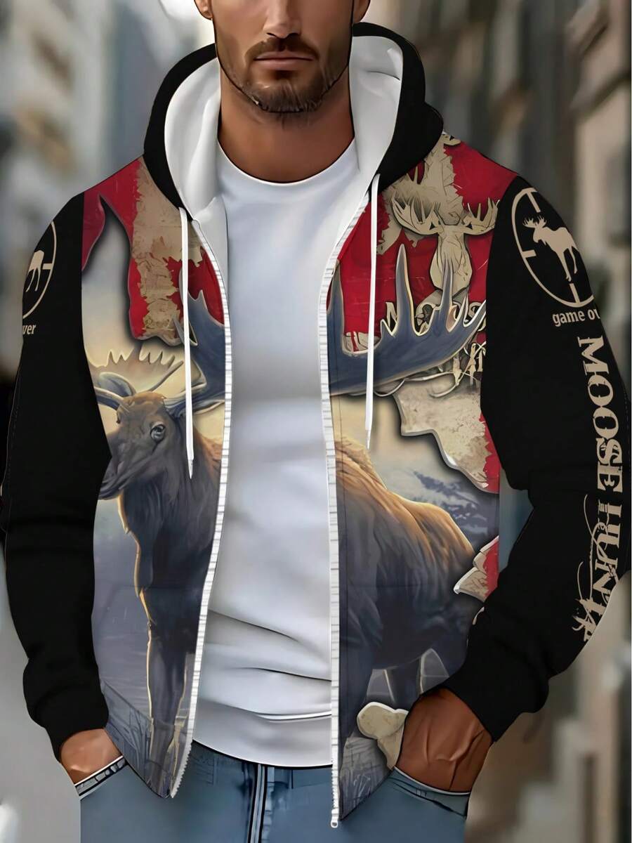 Men'S Moose Print Hoodie - Stylish Full-Zip Sweatshirt With Drawstring, Pockets & Durable Material, Unique Wildlife Design For Casual Outdoor Wear, Perfect Gift For Autumn & Winter, Outdoor Sportswear | Moose Graphic Hoodie | Durable Sportswear - 彩色 - 查看 1