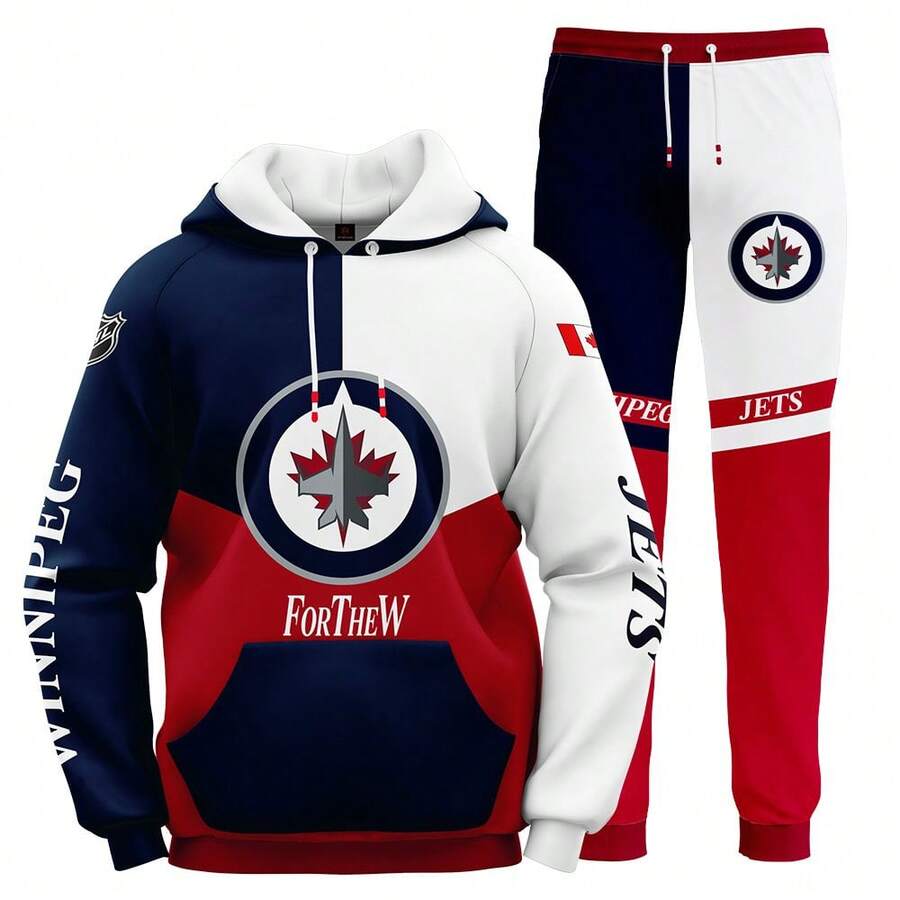 Winnipeg-Jets Men'S Stylish 3D Lion Print 2pcs Athletic Wear Set - Long Sleeve Hoodie & Joggers, Casual Outdoor & Gym Wear For Spring/Fall, Football Team Pattern Design, Comfortable & Breathable Fabric, Perfect For Comfortable Fit - Nhiều màu - Xem 1