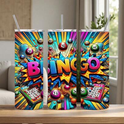 [Bold Graphic Drinkware] 1pc 20oz Bingo V.2 Stainless Steel Tumbler | Vibrant Bingo Game Design, 304 Shatterproof, Leak-Proof, Rust-Resistant Cup With Removable Lid & Straw For Iced Coffee, Smoothies, Office Use, Bingo Mug, Beverage Container, Bold Graphic Drinkware