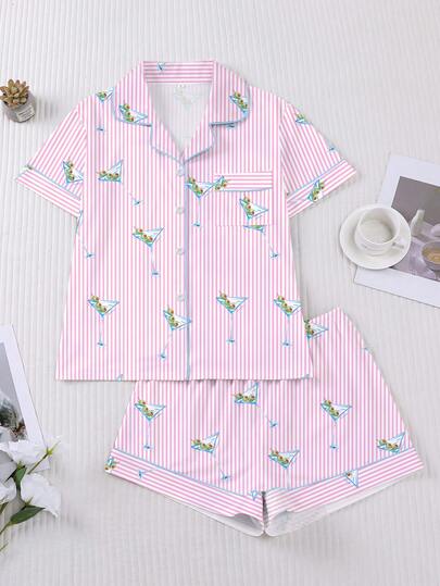 HOREA 2pcs Women's Sleepwear Set, Cocktail Glass Print, Romantic Valentine's Day Gift, Comfortable Shirt Collar Short Sleeve Top And Elastic Waist Shorts, Suitable For Parties, Casual Outdoor And Home Wear