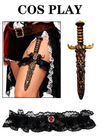 2-delige Halloween sexy dames beenkousenbandset in rood en zwart met kant en strik, inclusief skelet- en piratenmesdecoratie. Veelzijdige kostuumaccessoirecombinatie, geschikt voor Halloween-maskeradefeesten en optredens.
