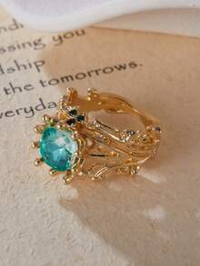 1pc Vintage Leaf Shaped Ring With Square Green Cubic Zirconia, Suitable For Women, Elegant Design For Wedding, Party, Birthday And Other Occasions - Ring - View 8