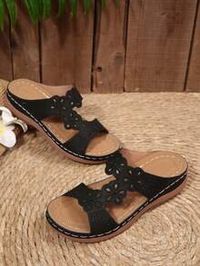 新款女士镂空厚底绑带凉鞋，欧美风格，圆头，镶钻，露趾，沙滩拖鞋 - 黑色 - 查看 2