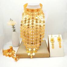 Dubai Gold Plated Exaggerated Long Glitter Jewelry Set Bridal Wedding Necklace Earrings Bracelet Ring Set - BJW246FF2 - View 3