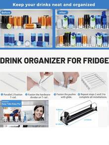 Beverage Pusher, Refrigerator Bottle & Can Organizer With Upgraded Dual-Layer Dividers And Positioning Clips, Kitchen Supplies, Wardrobe Storage & Organization, Desktop Storage