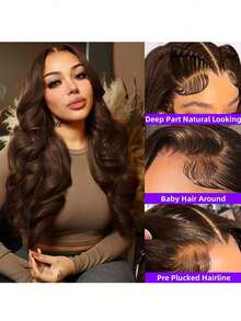 ZHENDEFA 360° Lace Front Wig, Human Hair, Hidden Strap, Wavy Curly, #4 Brown, Pre-Plucked Drawstring Wig, 200 Density High Definition Full Lace Front 360° Glueless Wig, For Women